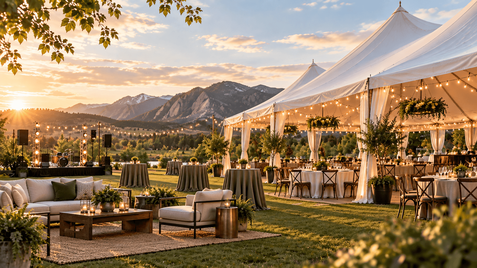 Sunset event with a white tent, string lights, lounge seating and mountains in the background